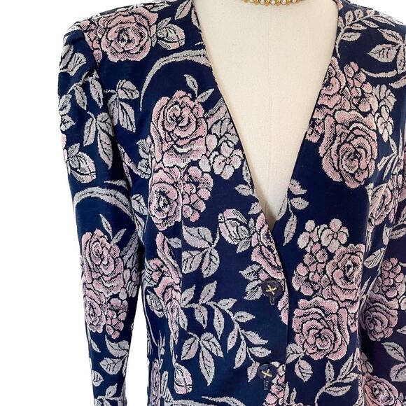 Vintage 80s floral lightweight knit tapestry jacket padded shoulder plus size 16 - Picture 2 of 8
